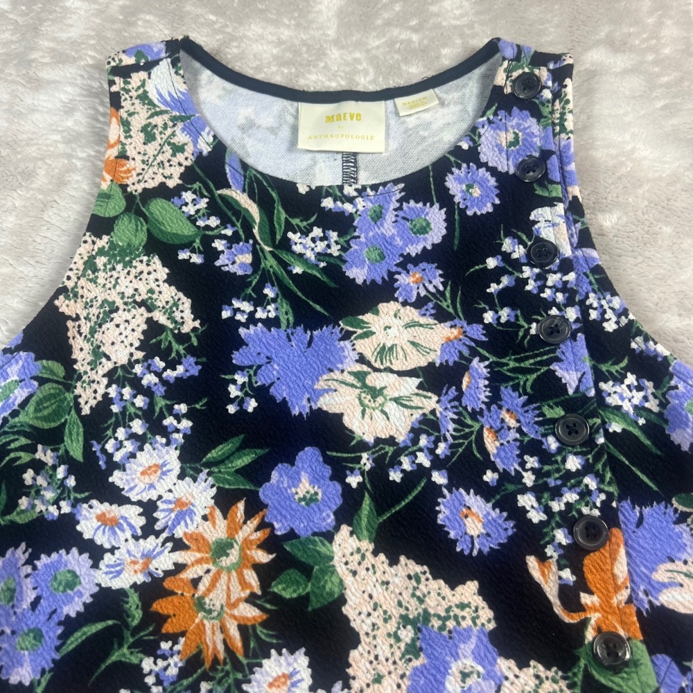 Maeve Anthropologie Women's Medium Peplum Top Navy Floral Side Button Sleeveless